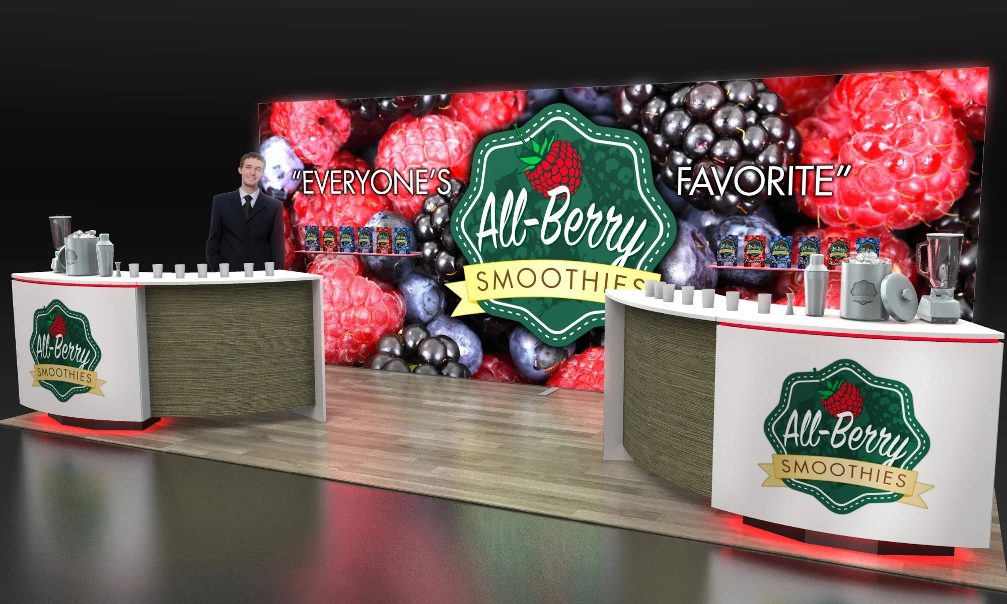All-Berry Smoothies 10×20 trade show booth with curved demo counters and giant berry backdrop by Suncoast Displays