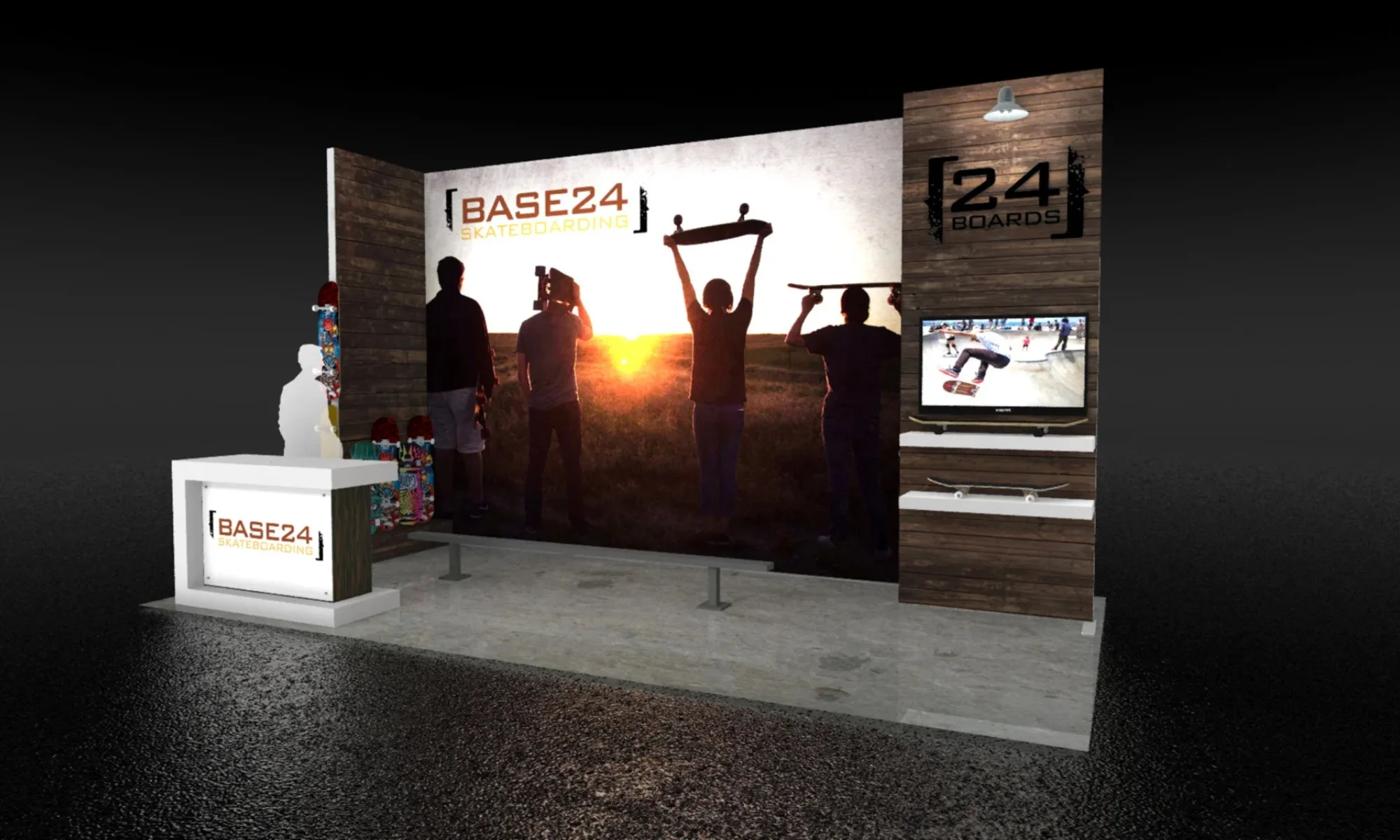 BASE24 trade show exhibit with skateboard-themed graphics, reception counter, and integrated monitor by Suncoast Displays