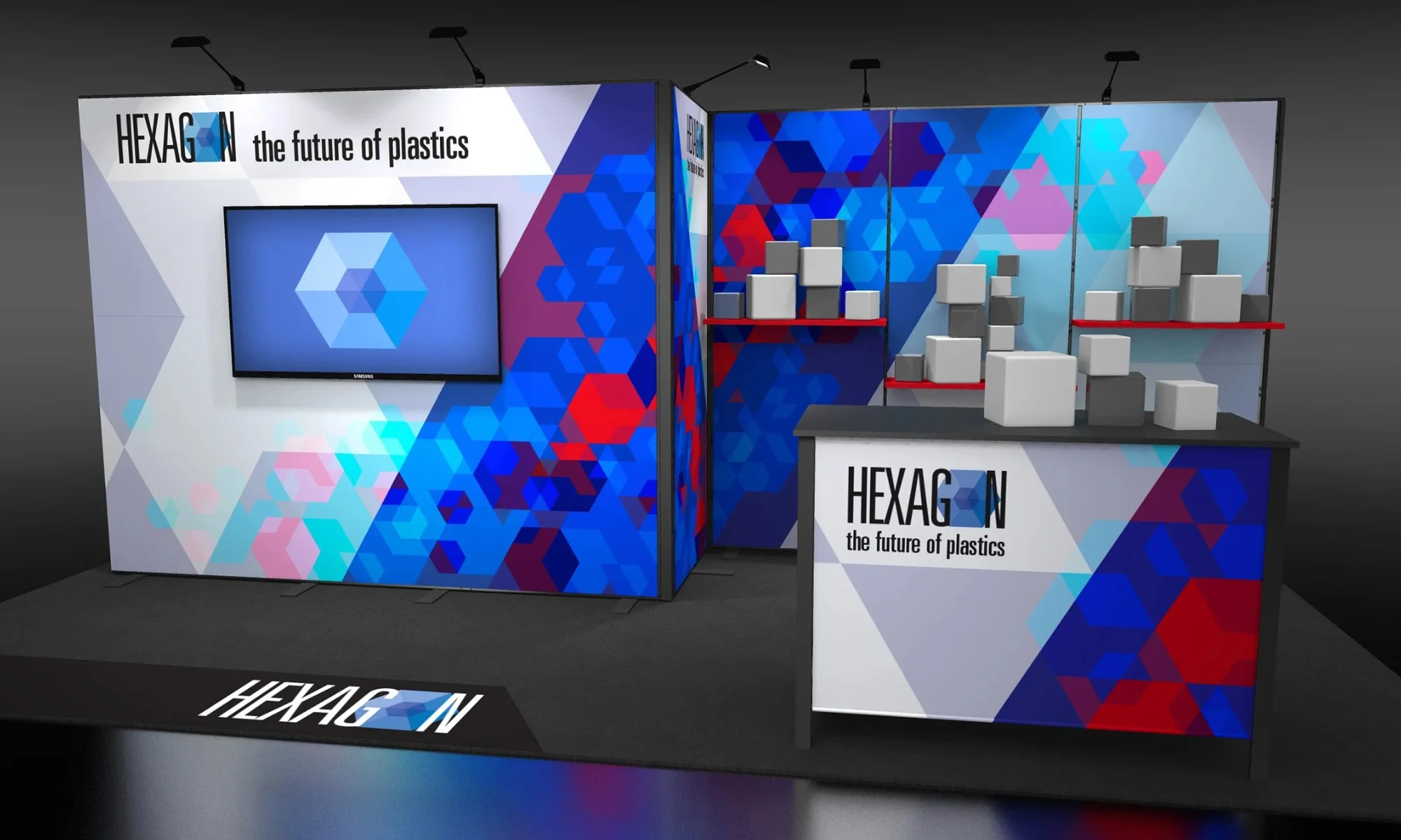 Hexagon trade show display with bold geometric graphics, video monitor, shelving, and branded counter by Suncoast Displays