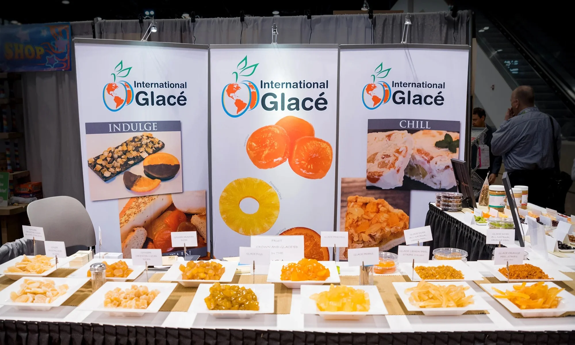 International Glacé trade show display featuring fruit samples, product graphics, and branded panels by Suncoast Displays