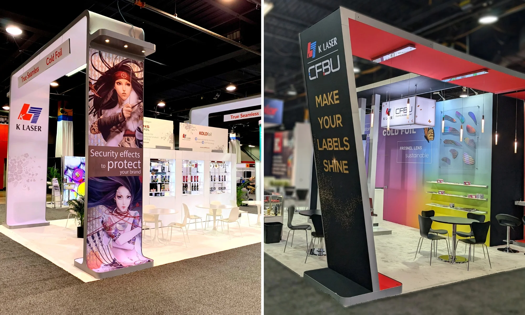 K Laser trade show exhibit featuring dual archway structures, illuminated branding, product shelving, and cold foil print samples by Suncoast Displays