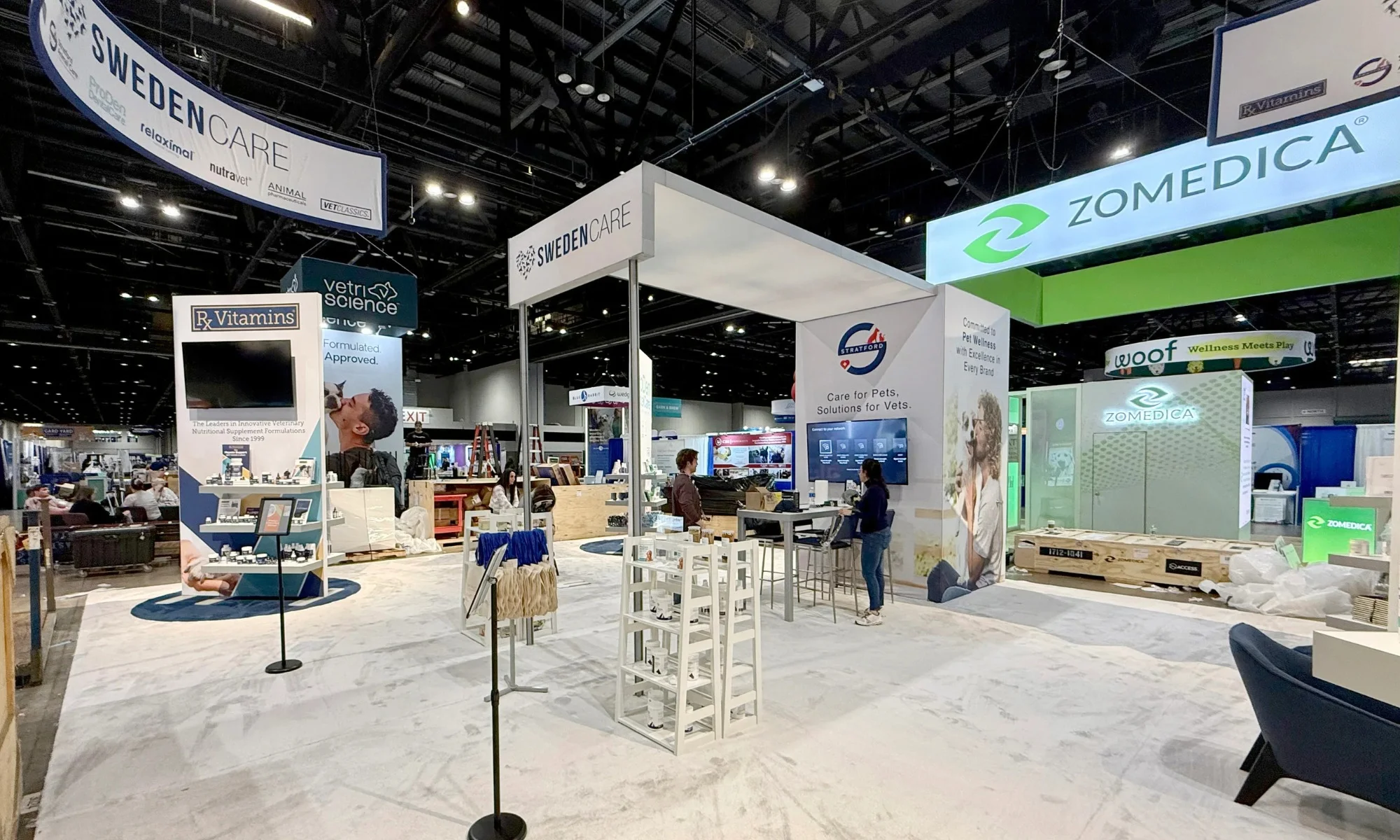 SwedenCare trade show booth with branded architecture and product shelving designed by Suncoast Displays