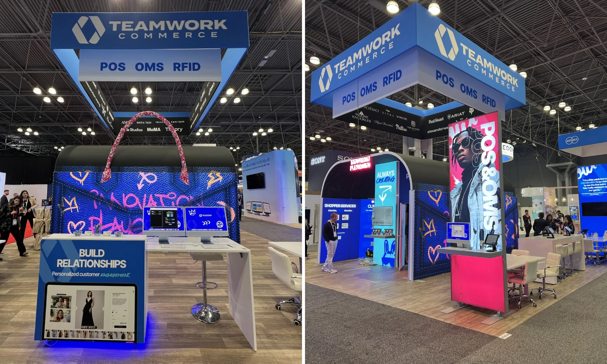 Teamwork Commerce booth with branded hanging sign, LED feature column, curved shell, and POS/OMS/RFID demo stations by Suncoast Displays